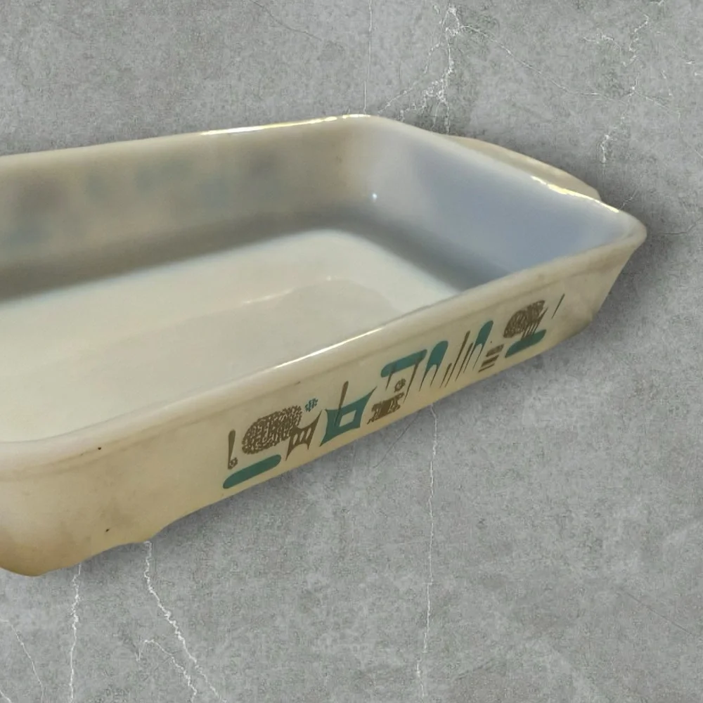 Vintage MCM Loaf Pan‎ My Blue Heaven Fire King Atomic Milk Glass 50s-70s
